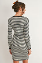 Cream/Black Maternity Striped Ribbed Long Sleeve Bodycon Dress Back View