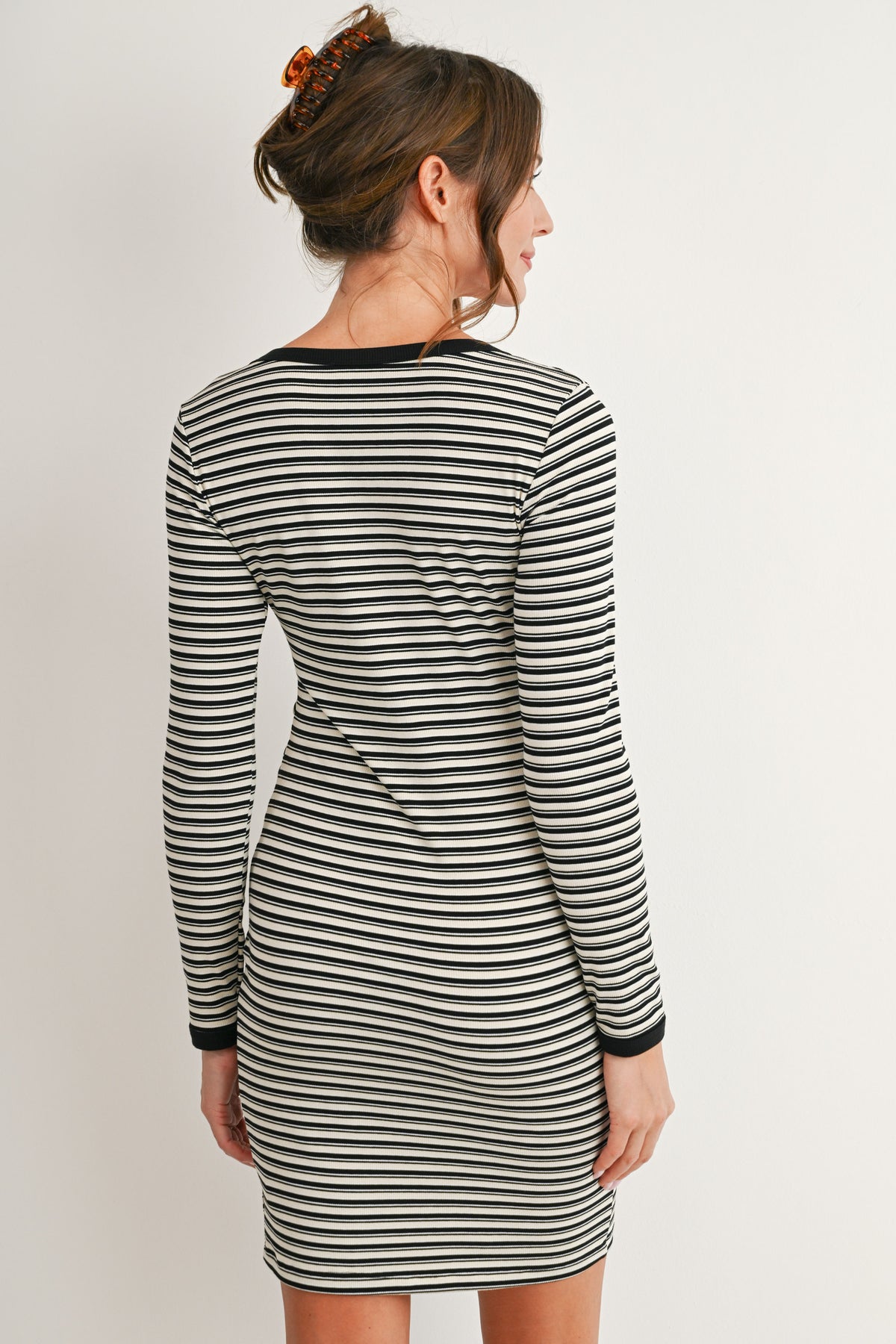 Cream/Black Maternity Striped Ribbed Long Sleeve Bodycon Dress Back View