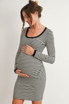 Cream/Black Maternity Striped Ribbed Long Sleeve Bodycon Dress Side View