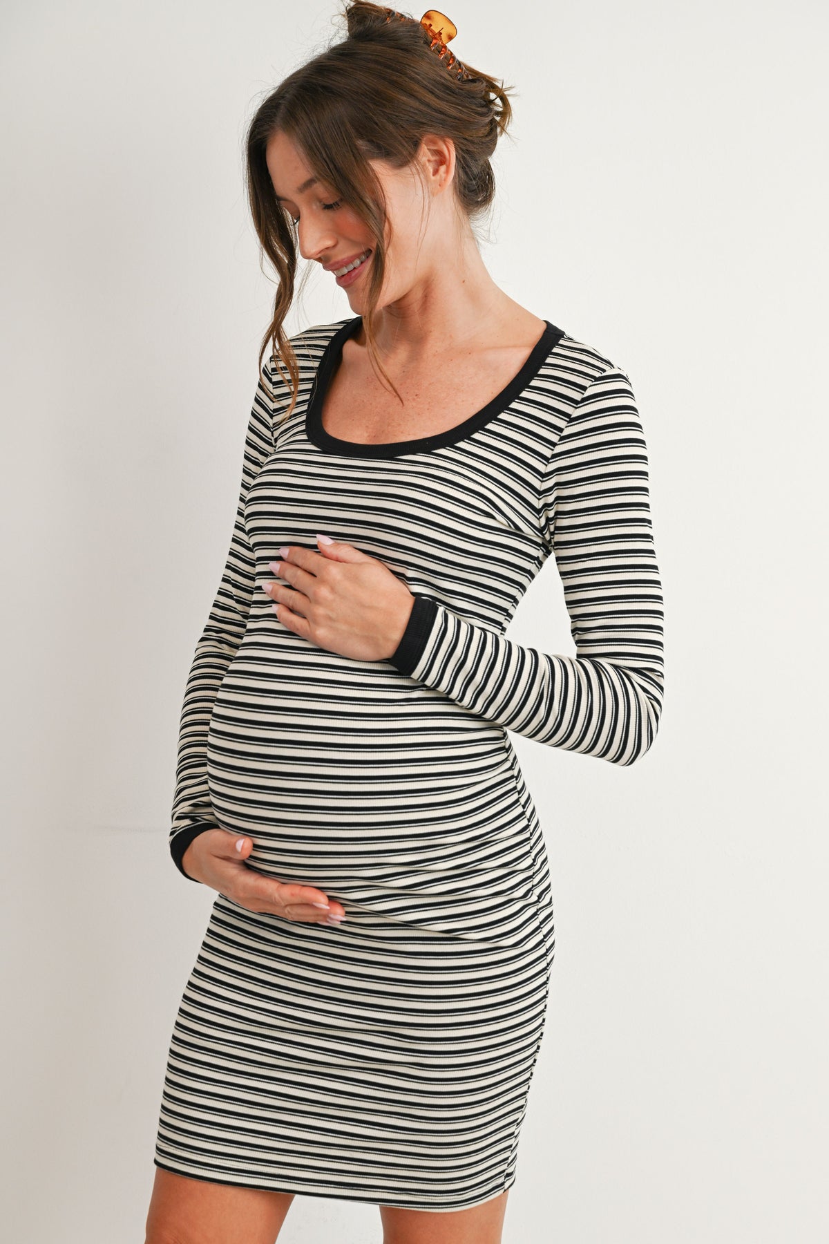 Cream/Black Maternity Striped Ribbed Long Sleeve Bodycon Dress Side View