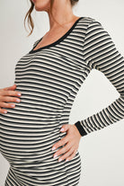 Cream/Black Maternity Striped Ribbed Long Sleeve Bodycon Dress Close Up