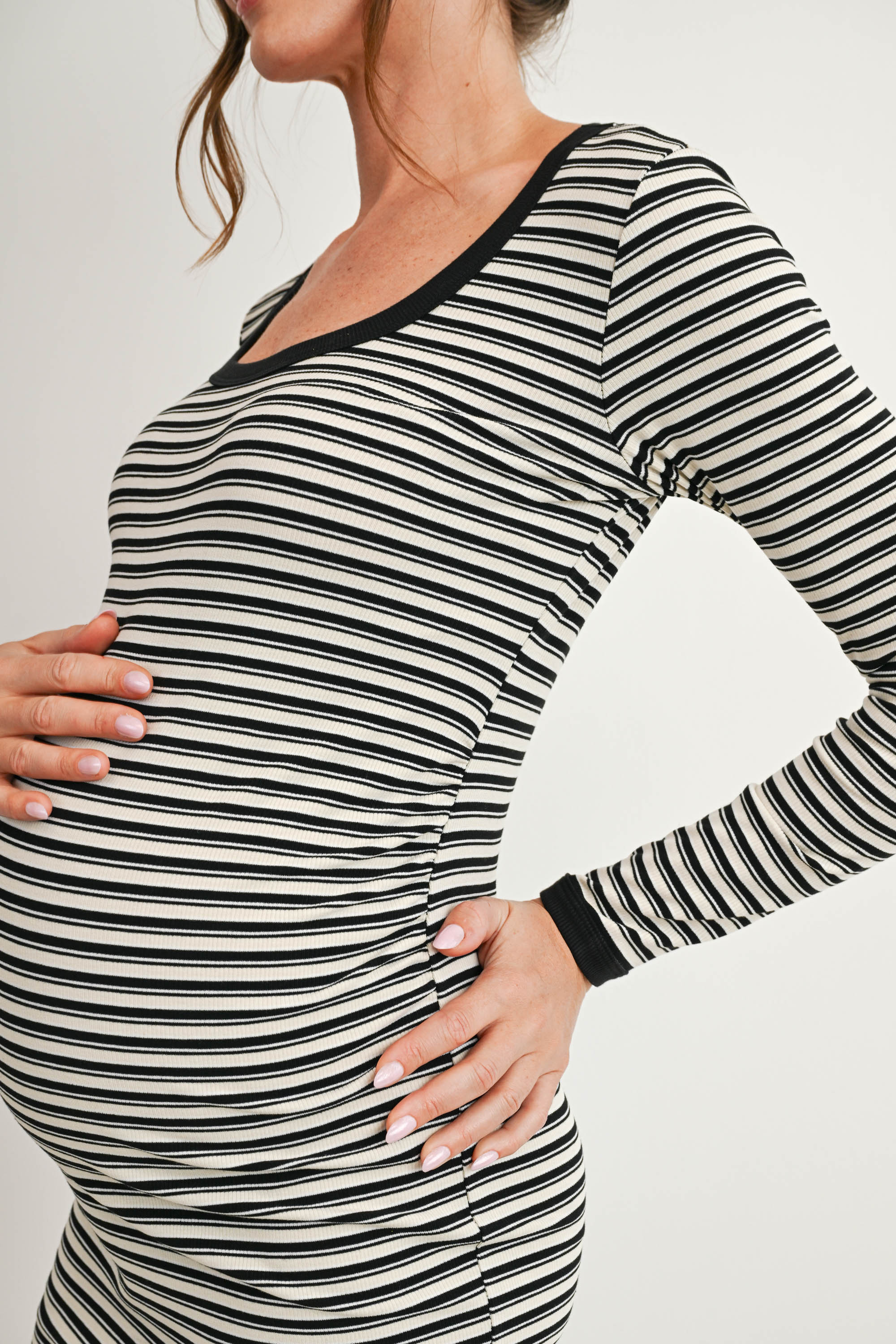 Cream/Black Maternity Striped Ribbed Long Sleeve Bodycon Dress Close Up