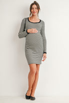 Cream/Black Maternity Striped Ribbed Long Sleeve Bodycon Dress Full Body
