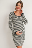 Cream/Black Maternity Striped Ribbed Long Sleeve Bodycon Dress Front View
