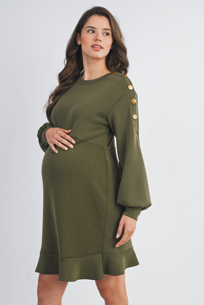 Olive Long Sleeve Crewneck Ruffle Hem Maternity Dress Side View