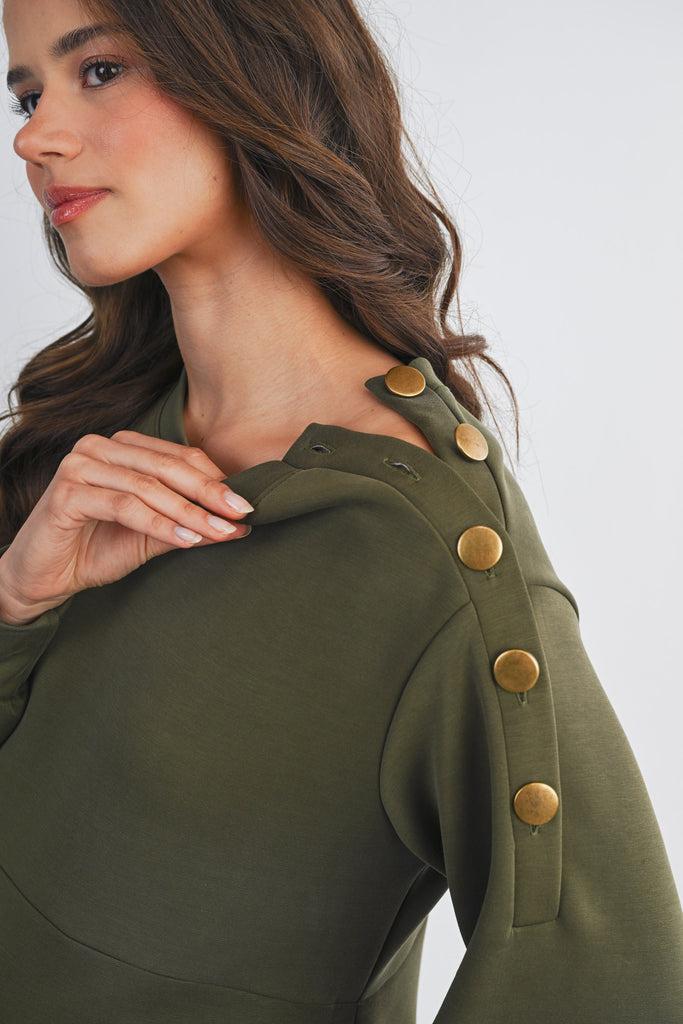 Olive Long Sleeve Crewneck Ruffle Hem Maternity Dress Button Detail Close Up