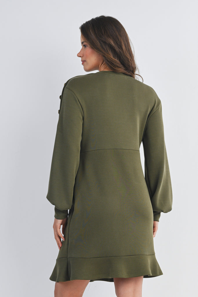 Olive Long Sleeve Crewneck Ruffle Hem Maternity Dress Back View