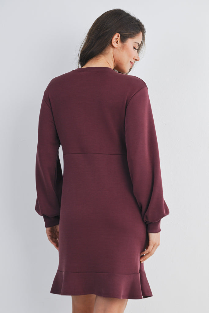 Dark Wine Long Sleeve Crewneck Ruffle Hem Maternity Dress Back View
