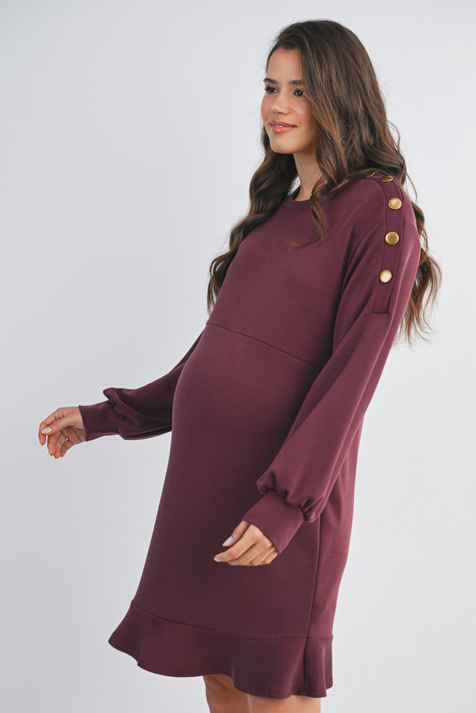 Dark Wine Long Sleeve Crewneck Ruffle Hem Maternity Dress Side View