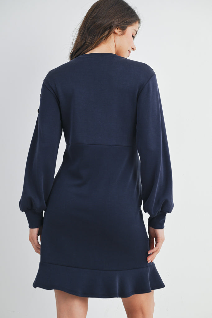 Navy Long Sleeve Crewneck Ruffle Hem Maternity Dress Back View