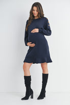 Navy Long Sleeve Crewneck Ruffle Hem Maternity Dress Full Body