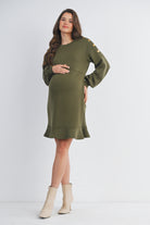 Olive Long Sleeve Crewneck Ruffle Hem Maternity Dress Full Body