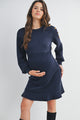 Navy Long Sleeve Crewneck Ruffle Hem Maternity Dress Front View