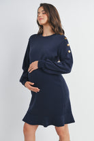 Navy Long Sleeve Crewneck Ruffle Hem Maternity Dress Side View