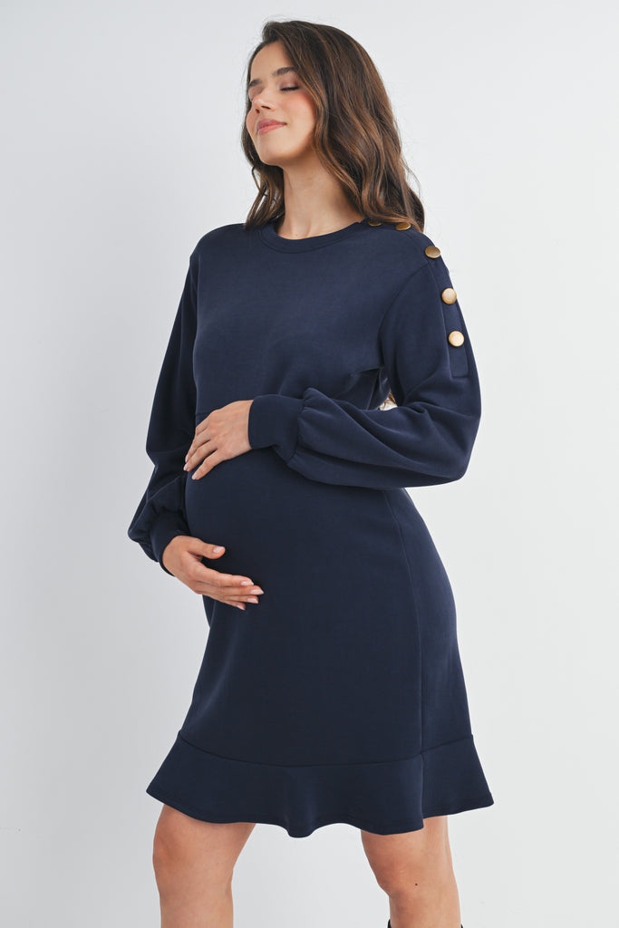 Navy Long Sleeve Crewneck Ruffle Hem Maternity Dress Side View