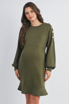 Olive Long Sleeve Crewneck Ruffle Hem Maternity Dress Front View