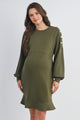 Olive Long Sleeve Crewneck Ruffle Hem Maternity Dress Front View