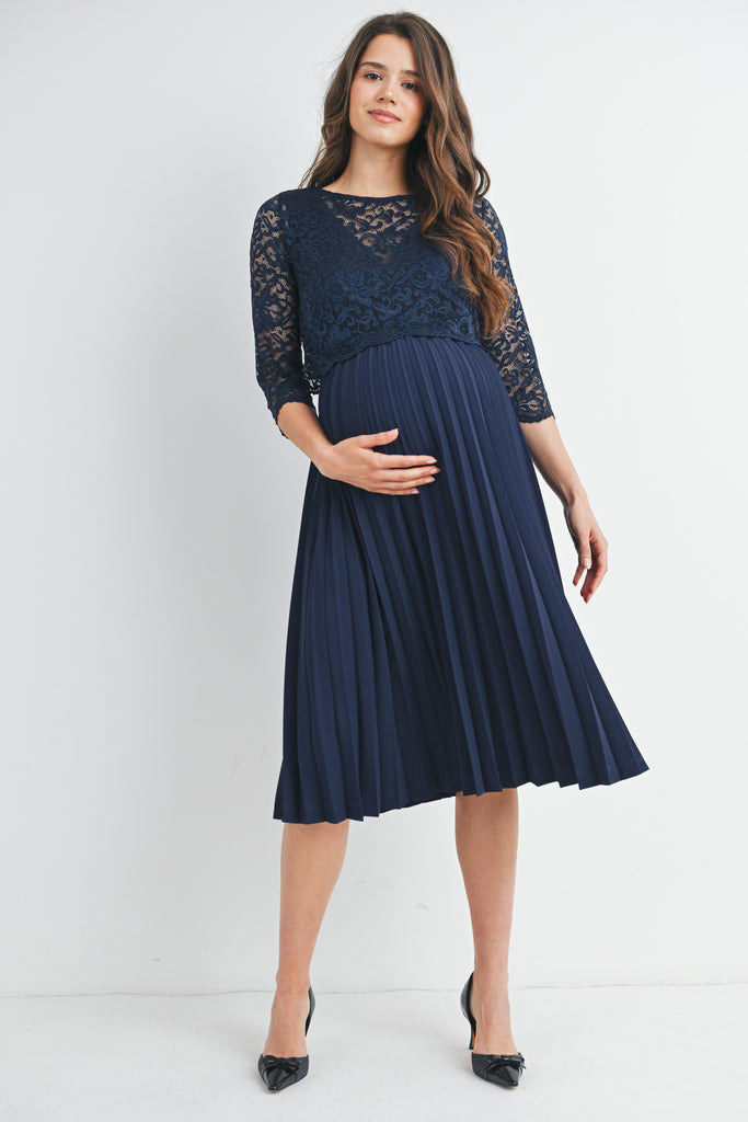 Navy Lace Midi Pleated Maternity Dress Nursing Friendly Front View
