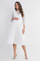 Ivory Lace Midi Pleated Maternity Dress Nursing Friendly Front View