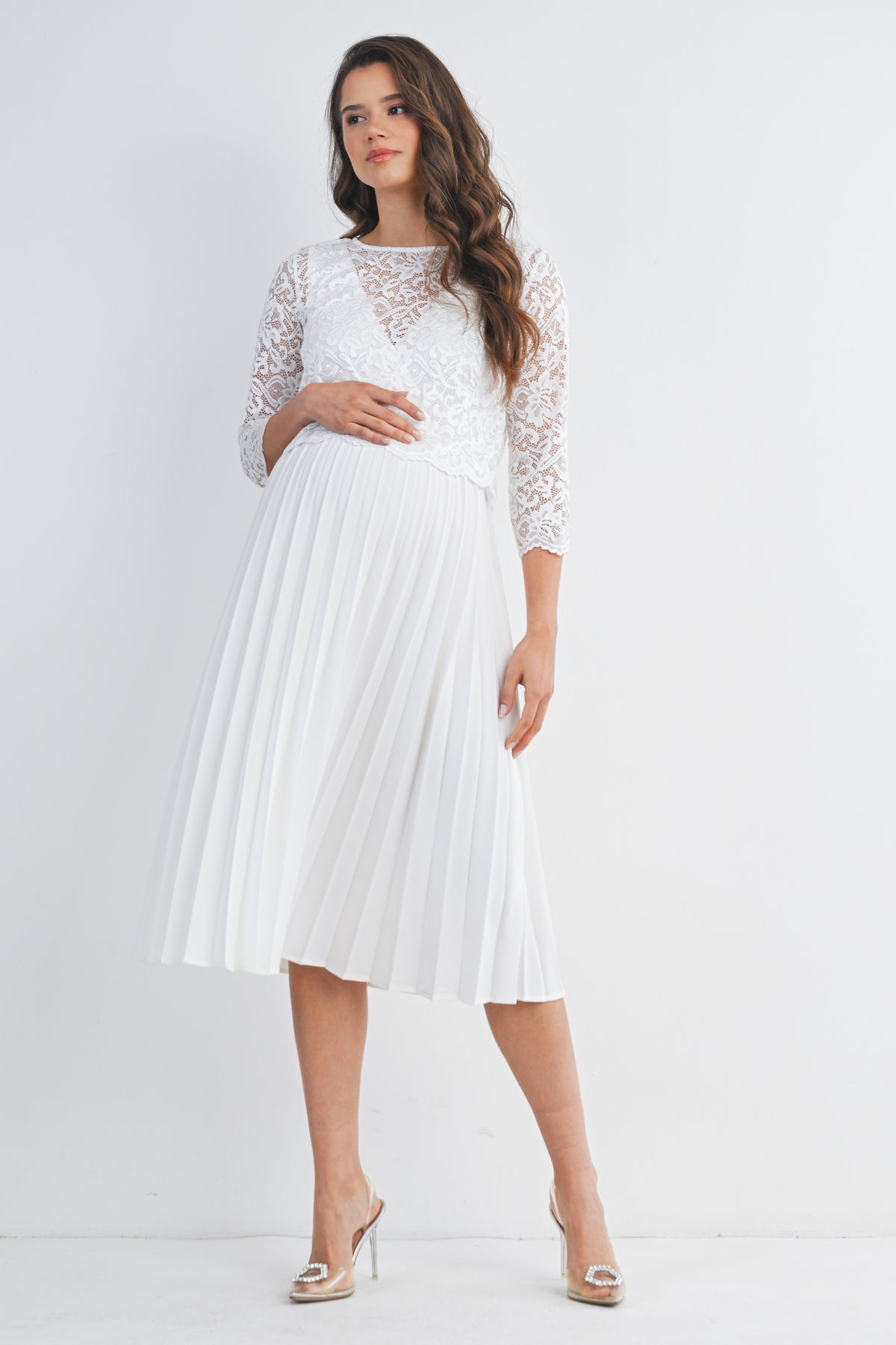 Ivory Lace Midi Pleated Maternity Dress Nursing Friendly Front View