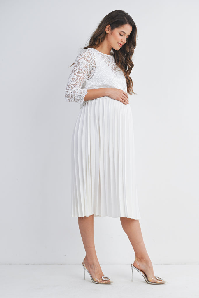 Ivory Lace Midi Pleated Maternity Dress Nursing Friendly Side View