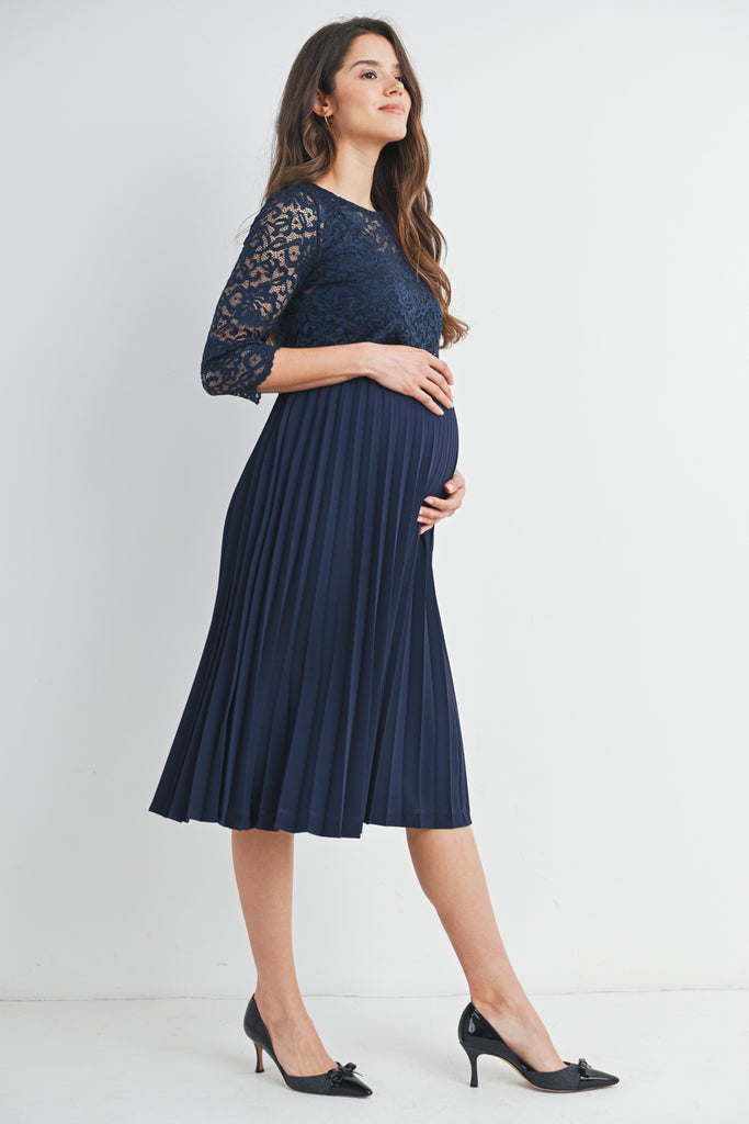 Navy Lace Midi Pleated Maternity Dress Nursing Friendly Side View