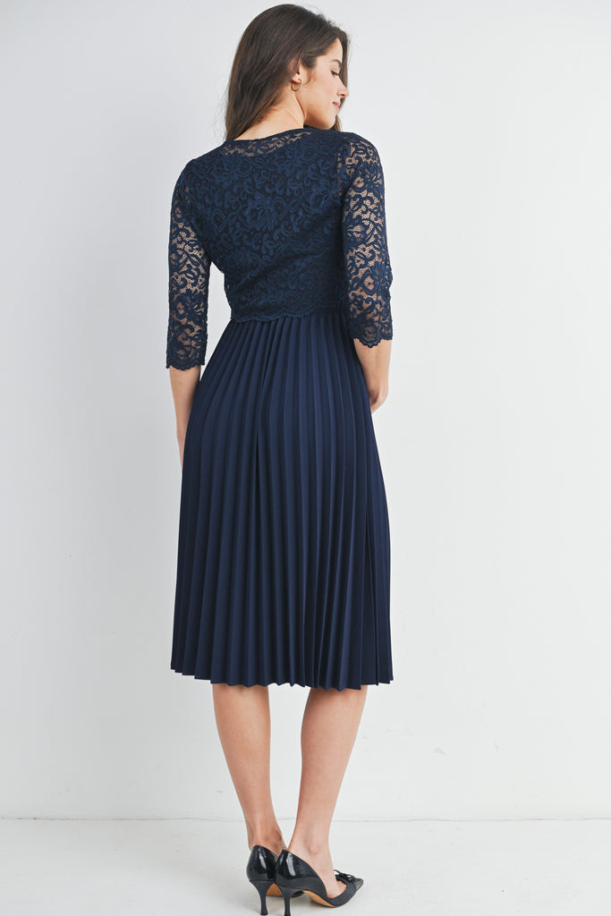 Navy Lace Midi Pleated Maternity Dress Nursing Friendly Back View