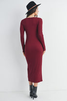 Burgundy Ribbed Long Sleeve Scoop Neck Maternity Midi Dress Back View