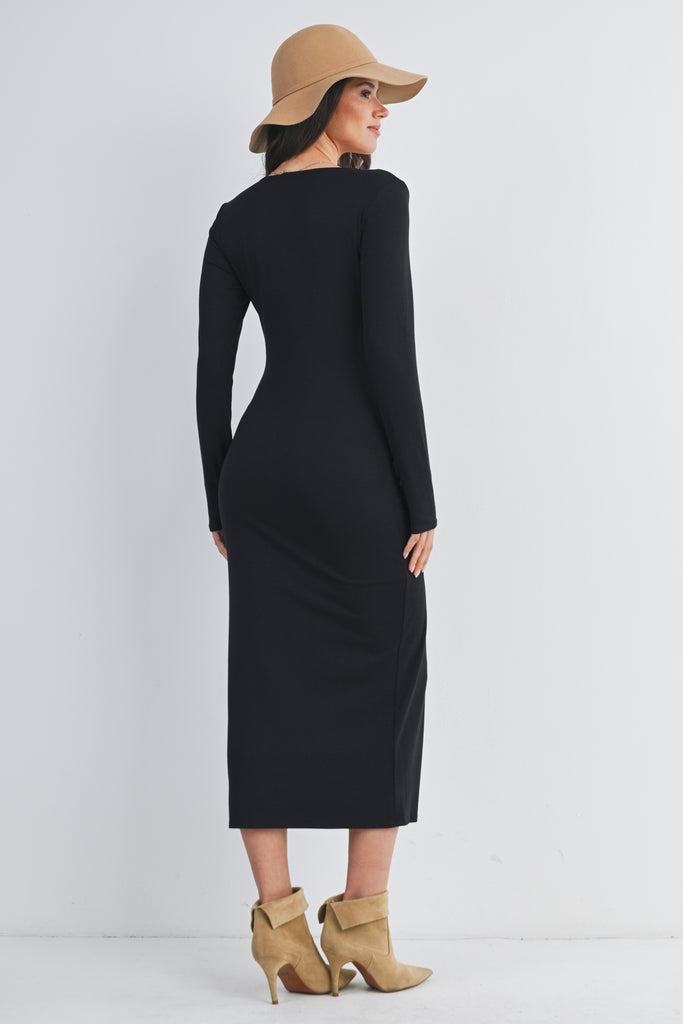 Black Ribbed Long Sleeve Scoop Neck Maternity Midi Dress Back View