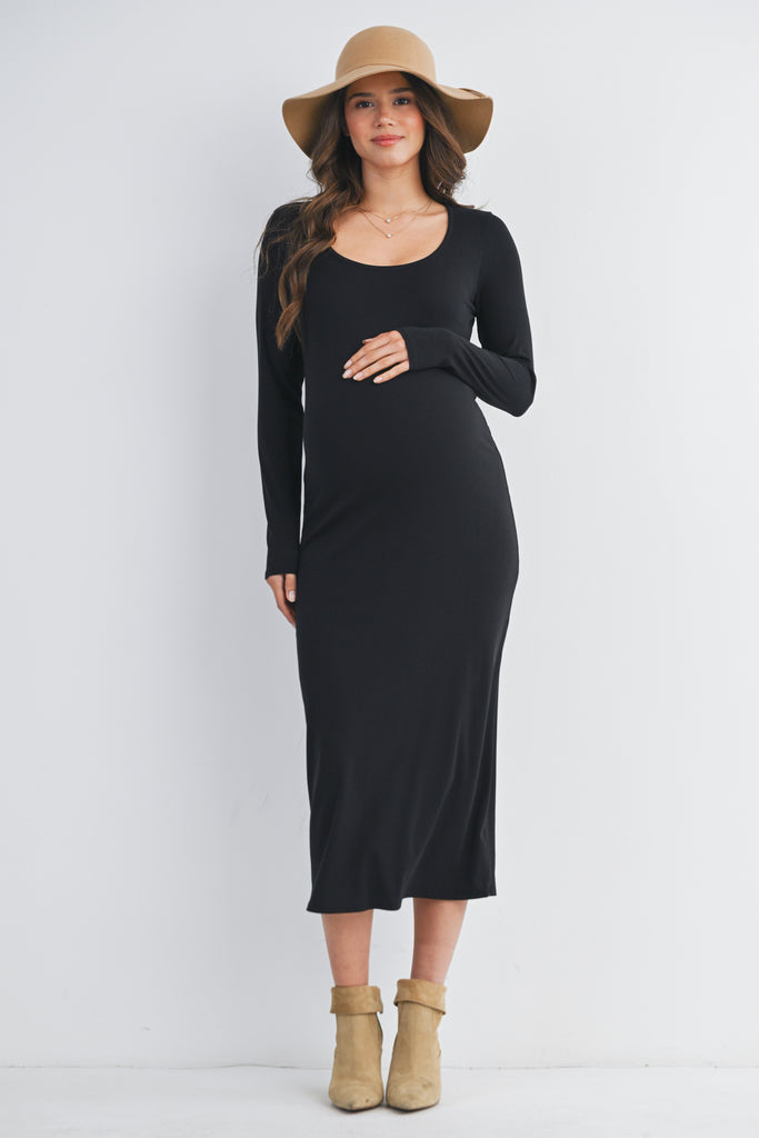Black Ribbed Long Sleeve Scoop Neck Maternity Midi Dress Front View