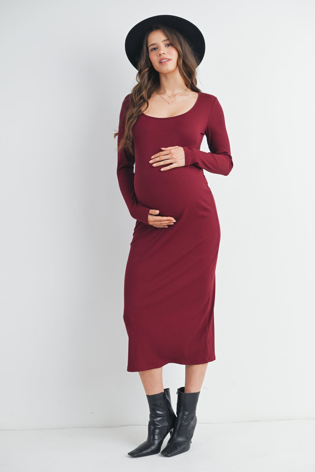 Burgundy Ribbed Long Sleeve Scoop Neck Maternity Midi Dress Front View