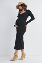 Black Ribbed Long Sleeve Scoop Neck Maternity Midi Dress Side View