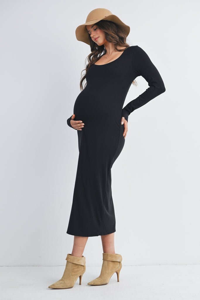 Black Ribbed Long Sleeve Scoop Neck Maternity Midi Dress Side View