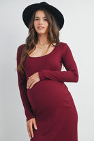 Burgundy Ribbed Long Sleeve Scoop Neck Maternity Midi Dress Close Up