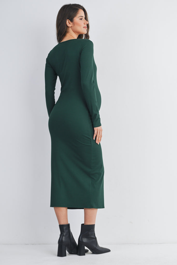 Hunter Green Ribbed Long Sleeve Scoop Neck Maternity Midi Dress Back View