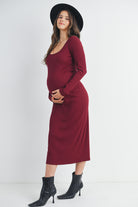 Burgundy Ribbed Long Sleeve Scoop Neck Maternity Midi Dress Side View