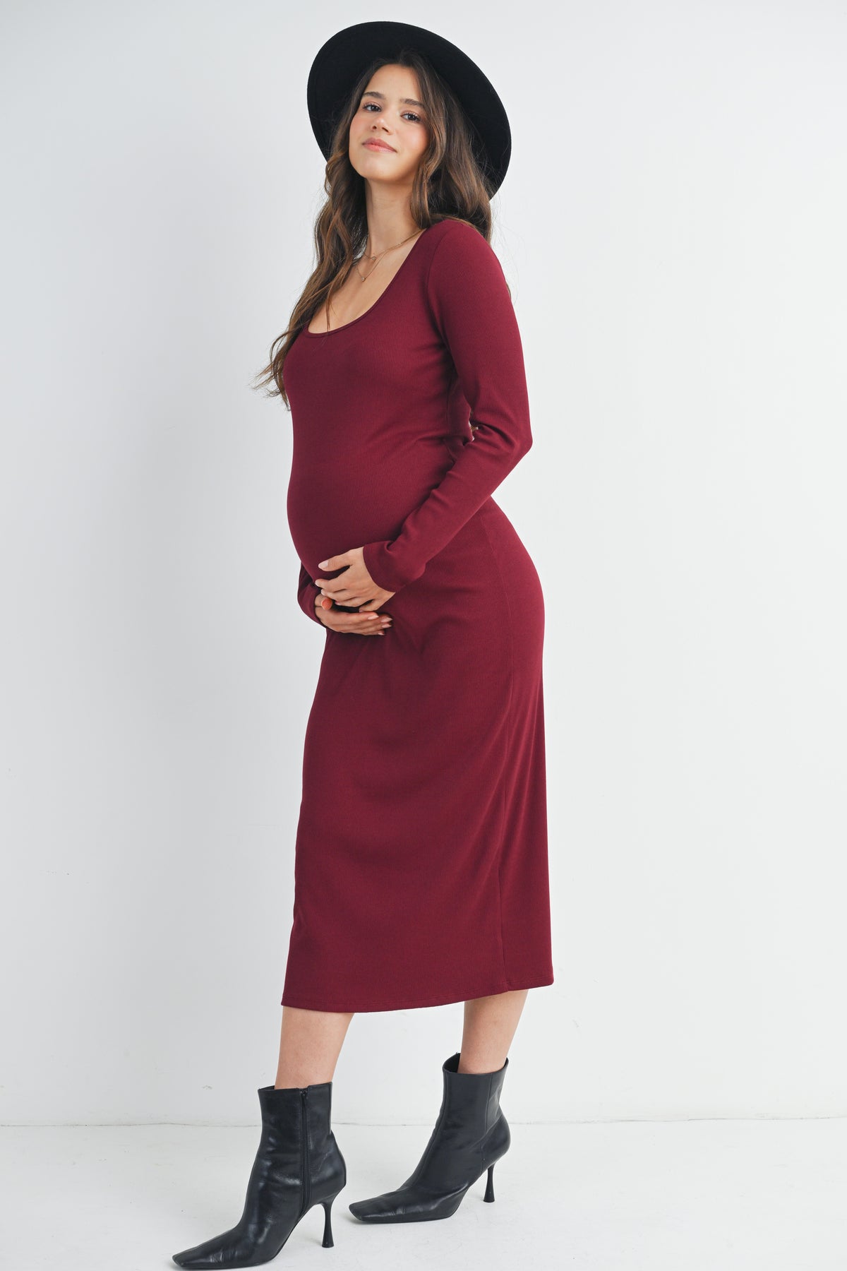 Burgundy Ribbed Long Sleeve Scoop Neck Maternity Midi Dress Side View