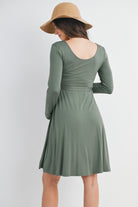 Olive Scoop Neck Long Sleeve Maternity Dress with Waist Belt Back View