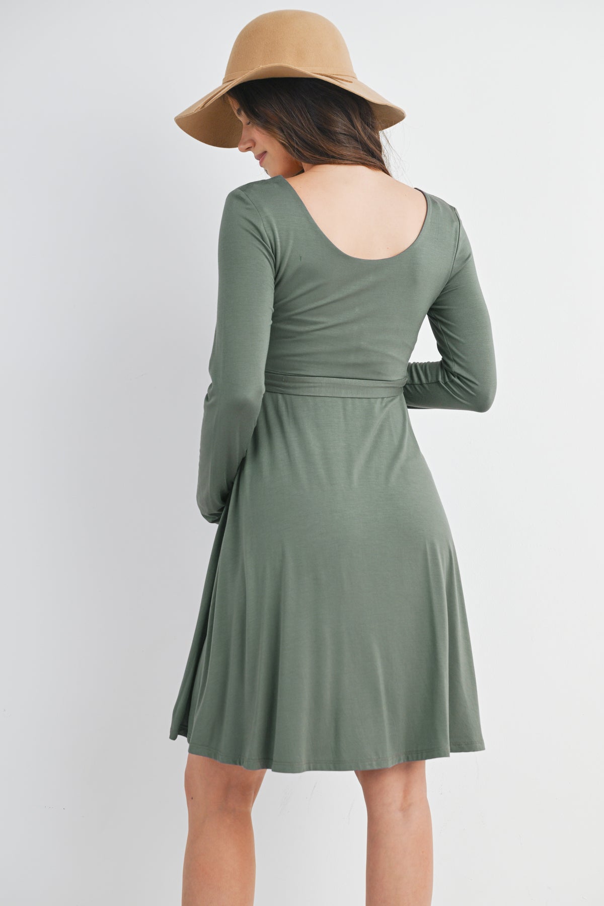 Olive Scoop Neck Long Sleeve Maternity Dress with Waist Belt Back View