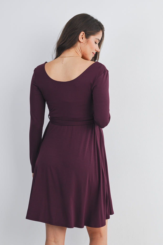 Burgundy Scoop Neck Long Sleeve Maternity Dress with Waist Belt Back View
