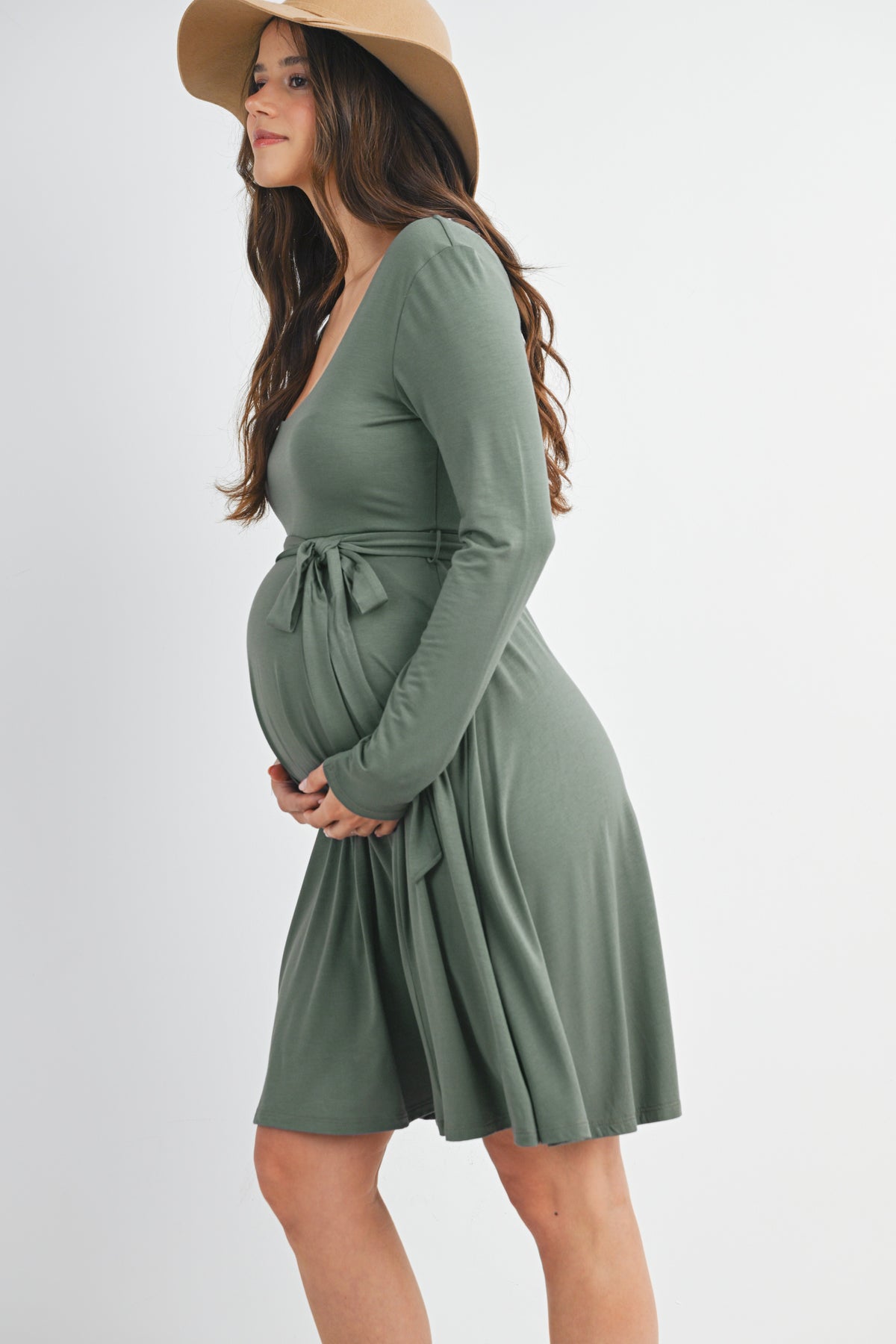 Olive Scoop Neck Long Sleeve Maternity Dress with Waist Belt Side View