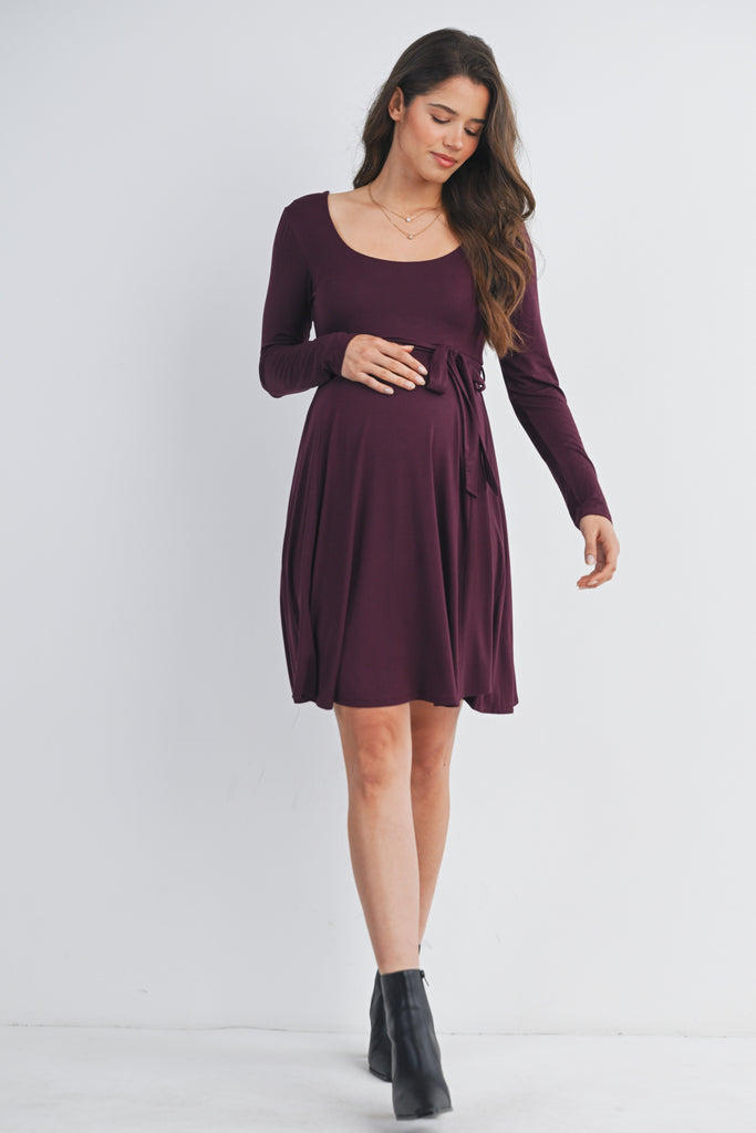 Burgundy Scoop Neck Long Sleeve Maternity Dress with Waist Belt Full Body
