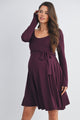 Burgundy Scoop Neck Long Sleeve Maternity Dress with Waist Belt Front View