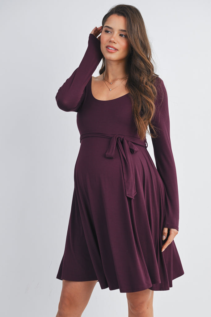 Burgundy Scoop Neck Long Sleeve Maternity Dress with Waist Belt Front View