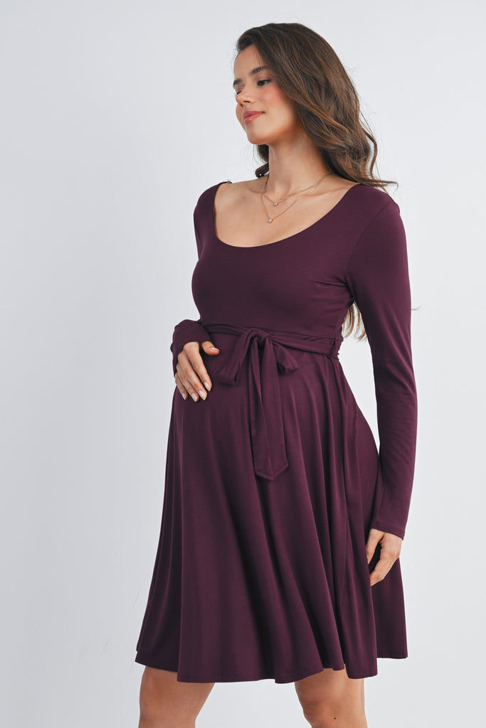 Burgundy Scoop Neck Long Sleeve Maternity Dress with Waist Belt Side View