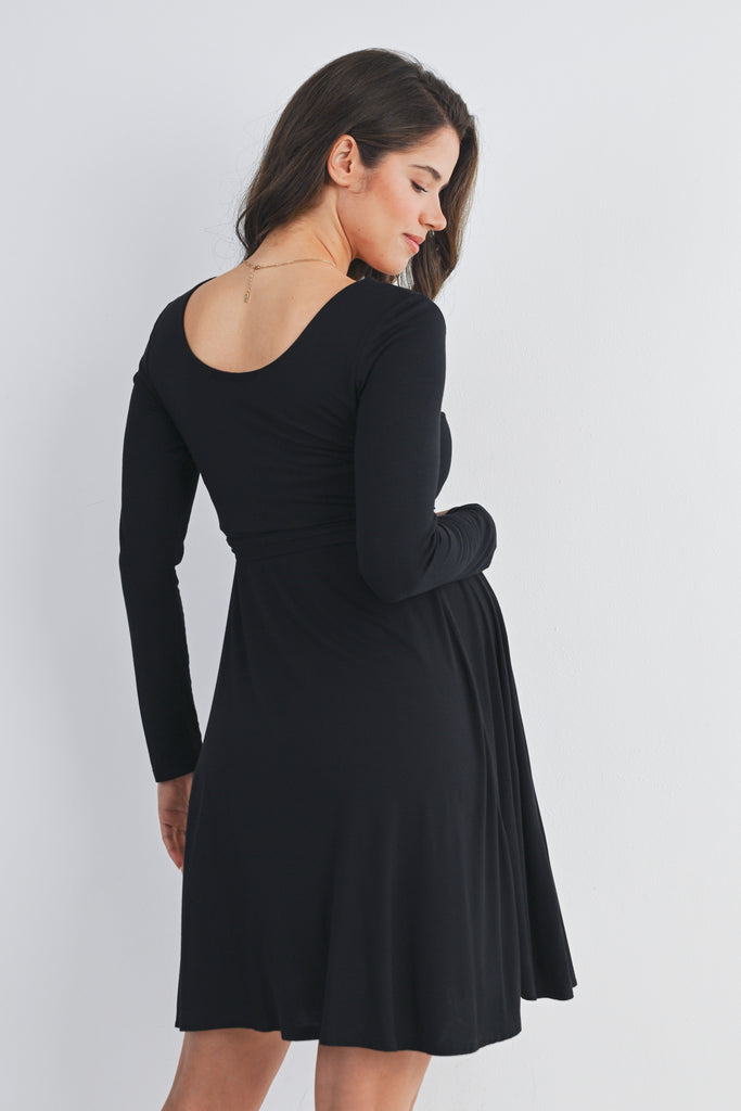 Black Scoop Neck Long Sleeve Maternity Dress with Waist Belt Back View