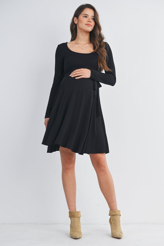 Black Scoop Neck Long Sleeve Maternity Dress with Waist Belt Full Body
