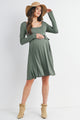 Olive Scoop Neck Long Sleeve Maternity Dress with Waist Belt Full Body