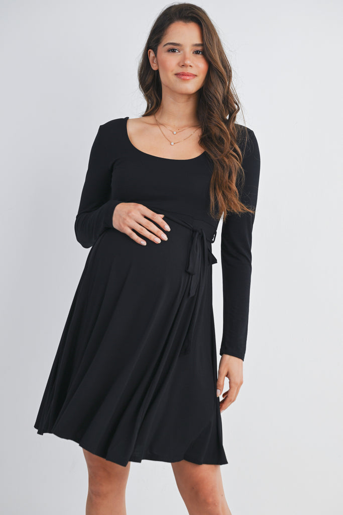 Black Scoop Neck Long Sleeve Maternity Dress with Waist Belt Front View