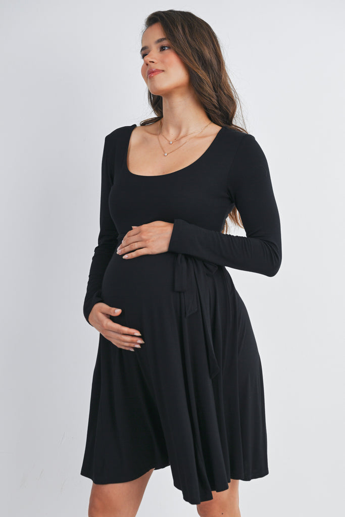 Black Scoop Neck Long Sleeve Maternity Dress with Waist Belt Side View